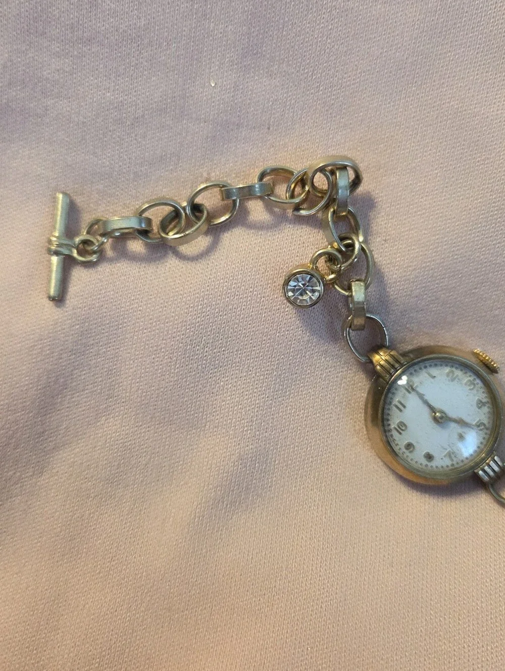 Vintage Gold Tone Charm Bracelet Watch with Heart Charm & Toggle Clasp, Mid-Cent